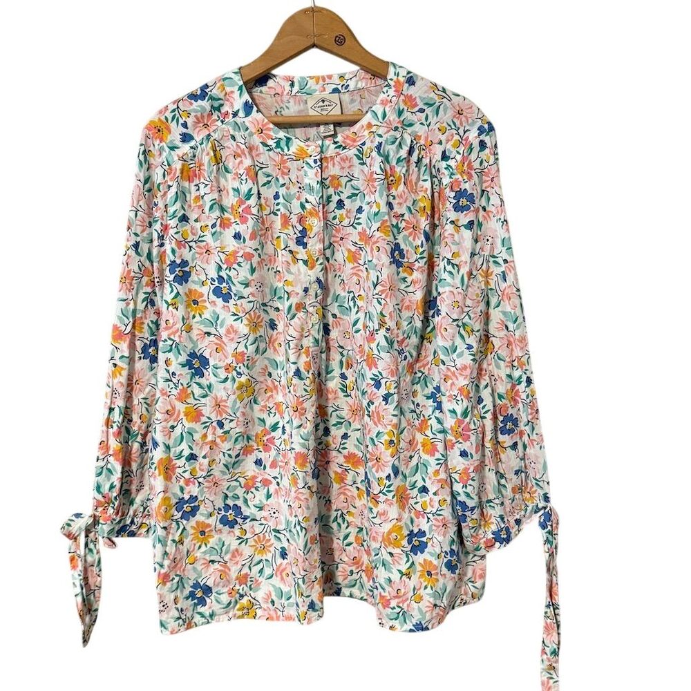 St. John's Bay Women's XL Floral V-Neck Blouse Long Balloon Sleeve